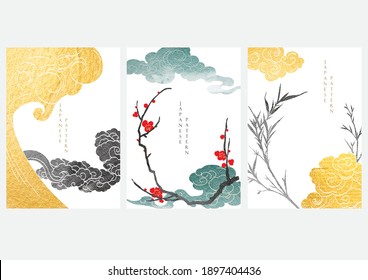 Japanese wave pattern with art landscape banner. Abstract background with gold texture vector. Cherry blossom flower, bamboo and cloud elements with watercolor painting banner in vintage style.
