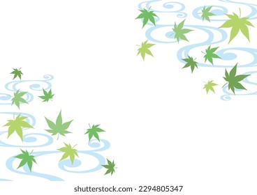 Japanese wave pattern background with fresh green maple leaves, vector illustration