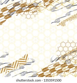 Japanese wave pattern with brush stroke decoration vector. Gold geometric background template. Hand drawn line elements.