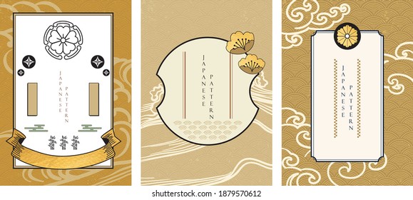 Japanese wave pattern and icon vector.  Oriental wedding invitation and frame background. Geometric pattern and gold texture decoration. Abstract template in Chinese style.