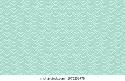 Japanese Wave Pattern On Mint Green Background. Traditional Seigaiha Seamless Patten Repeat For Fabric, textiles, Home Décor, Scrapbooking, Wallpaper.