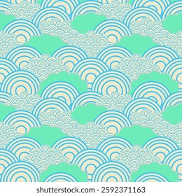 Japanese Wave Pattern Seamless Background | Blue and Cream Design, 
Seigaiha Wave Pattern Digital Paper | Mint and Blue Arches, 
Abstract Wave Design Texture | Asian Inspired Seamless Pattern, 
Modern