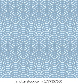 Japanese wave pattern. Seigaiha in blue and white. Seamless ocean waves circles line background for wallpaper, textile, or other traditional decorative print. Symbol of tranquility.