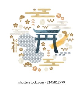 Japanese wave pattern vector background. Asia traditionally icon with invitation card template in vintage style. Gate, wave, carp fish, cherry blossom flower, bonsai, bamboo elements.