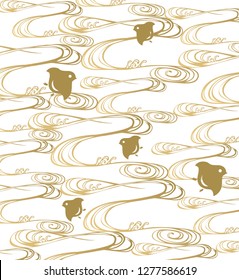 Japanese wave pattern vector with bird icons. Hand drawn wave background.