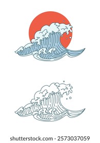 Japanese wave with red sun, wave logo, hand drawn japanese oriental style