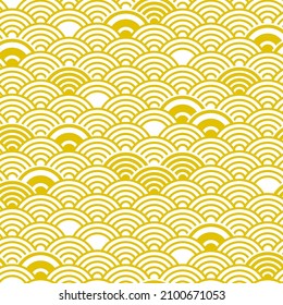 Japanese wave seamless pattern background with random different abstract waves decorations in yellow tone