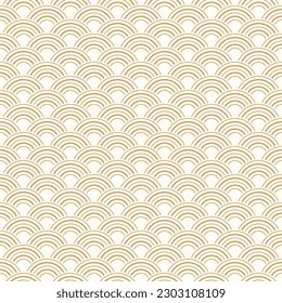 Japanese wave seamless pattern with subtle gold stripe lines, fish scale repeat background vector for print.