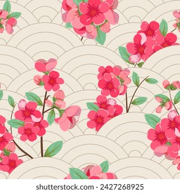 Patrón de fondo tradicional de la onda japonesa, flor de Sakura en el patrón sin fisuras del huerto de cerezos. Ornamento oriental chino, fondo asiático, fondo de pantalla, plantilla.