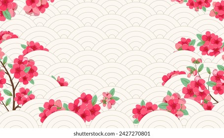 Japanese wave traditional background pattern, Sakura blossom in the cherry orchard pattern background, wallpaper, template. Oriental ornament Chinese, Asian theme