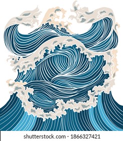 Ilustración vectorial de ondas japonesas para camisetas. Ola tradicional china y amanecer. Hermosa línea de arte natural para imprimir en camisetas. Arte asiático para el doodle y la pintura en el fondo.