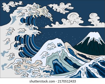 Japanese wave vector illustration for T-shirt.Traditional Chinese wave and sunrise.Beautiful line art of nature for printing on shirt.Asian art for doodle and painting on background.