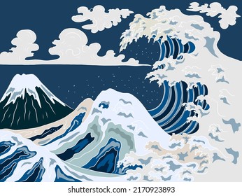 Japanese wave vector illustration for T-shirt.Traditional Chinese wave and sunrise.Beautiful line art of nature for printing on shirt.Asian art for doodle and painting on background.