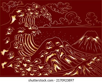 Japanese wave vector illustration for T-shirt.Traditional Chinese wave and sunrise.Beautiful line art of nature for printing on shirt.Asian art for doodle and painting on background.