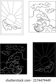 Japanese wave vector illustration for T-shirt.Traditional Chinese wave and sunrise.Beautiful line art of nature for printing on shirt.Asian art for doodle and painting on background.