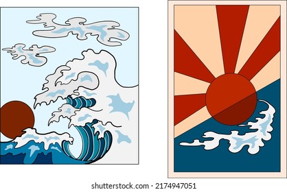 Japanese wave vector illustration for T-shirt.Traditional Chinese wave and sunrise.Beautiful line art of nature for printing on shirt.Asian art for doodle and painting on background.