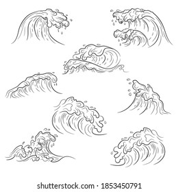 Conjunto vectorial de ondas japonesas y estilo tailandés. Aislamiento de ondas de contorno sobre fondo blanco. Editable - Vector.
