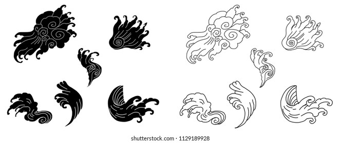 Japanese wave vector set.Hand drawn ocean wave tattoo.