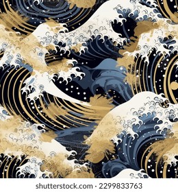 Japanese Waves Blue and White Gold Leaf Seamless Pattern