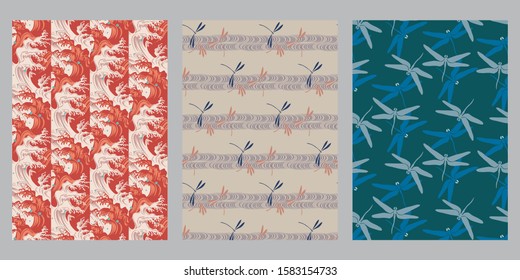 Japanese waves and water drops, dragonflies, stream abstract background