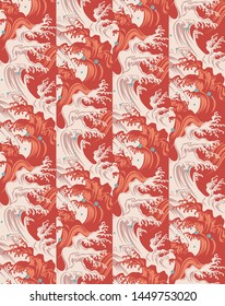 Japanese waves and water drops seamless pattern