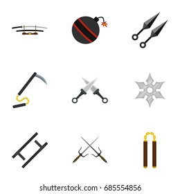 Japanese Weapons Icons Set. Flat Set Of 9 Japanese Weapons Vector Icons For Web Isolated On White Background