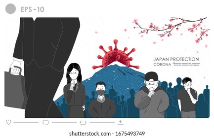 Japanese wearing protective masks to prevent epidemic corona virus illustration. People protection from Covid-19 virus (-nCoV) pandemic medical health risk. Coronavirus outbreak in 2020 japan concept.