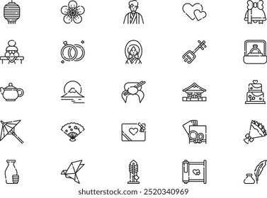 Japanese wedding icons collection is a vector illustration with editable stroke.