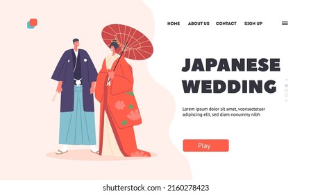 Japanese Wedding Landing Page Template. Asian Couple Wear Traditional Costumes, Bride and Groom Characters in Bridal Kimono and Umbrella Marriage Ceremony. Cartoon People Vector Illustration