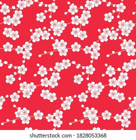 Japanese White Cherry Blossom Vector Seamless Pattern