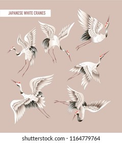 Japanese white crane in batik style. Vector illustration.