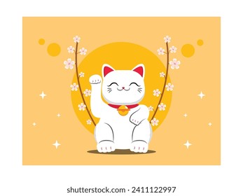 Gato japonés blanco con suerte, mascota de la cultura asiática con flores de cerezo. Diseño de caracteres. Ilustración plana del vector