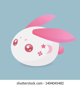 Japanese White Rabbit Vector in Blue Background, Pink Gradient Ears, Red Eyes, Round Body