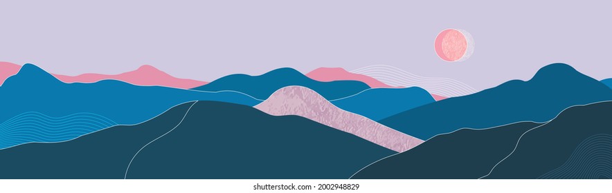 Japanese widescreen background with pink marble texture. Abstract template with thin geometric lines. Design of a mountainous layout in an oriental style in pastel gentle colors.