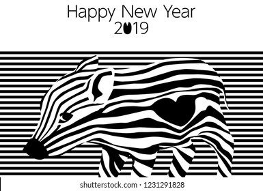 japanese wild boar new year card black and white