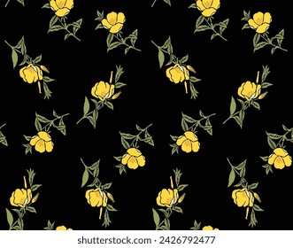 Japanese Wild Yellow Flower Leaf Vector Seamless Pattern