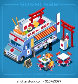 Japanese Wok Wasabi Sushi Food Truck Delivery Master. Street Chef Web Template 3D Flat Vector Icon Set Isometric Vehicle Van Dishes Love Alternative menu Japan Restaurant Cuisine Illustration