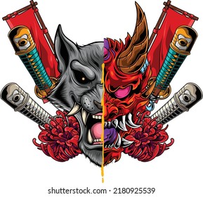 Japanese wolf illustration with premium quality stock vector