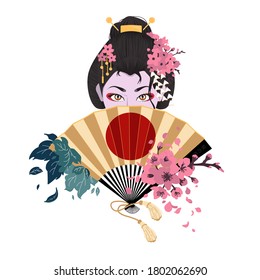 Japanese woman covers her face with a fan.Color vector flat cartoon illustration.