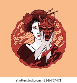 Japanese woman with demon mask vecor llustration.