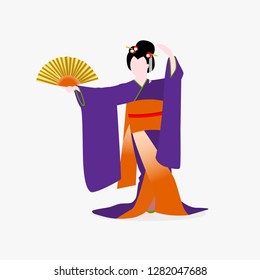 Japanese woman dressed in traditional kimono costume dancing with a fan