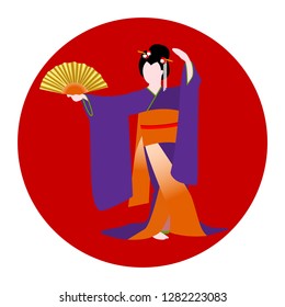 Japanese woman dressed in traditional kimono costume dancing with a fan on background with nationl country flag