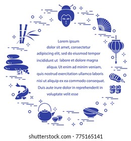 Japanese woman face and lantern, bowl, chopsticks, sushi and other symbols of eastern culture. Design for banner, poster or print.