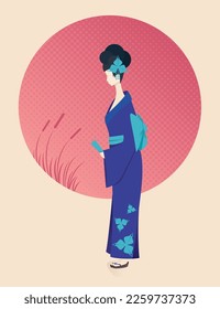 Japanese woman full-length in kimono on sunset background. Vector flat illustration.