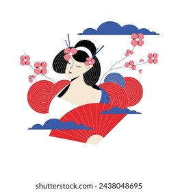 Japanese Woman Geisha with Fan and Sakura Branch Vector Flat Illustration. Female Asian Character in Traditional Dress