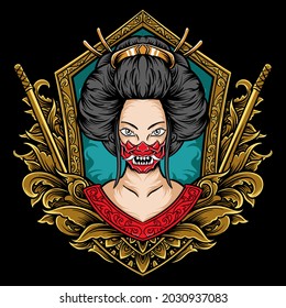 Japanese woman geisha vector illustration with engraving style