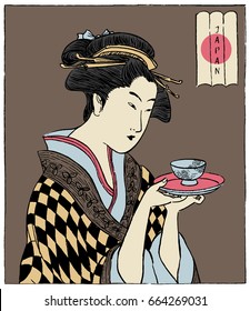 Eine Japanerin, die eine Tasse Tee hält. Traditioneller japanischer Stil (Vektorgrafik)