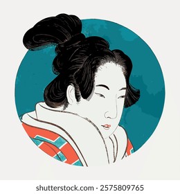 Hokusai’s Japanese woman illustration isolated on white, vector. Vintage illustration. Famous old art element. Old art illustration vector.