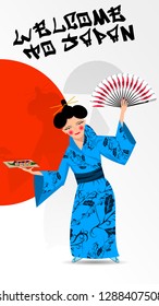 Japanese woman in kimono with a fan and sushi on a poster welcome to Japan. vector