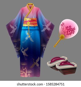 Japanese woman kimono, geisha dress with golden waist, shoes and fan. Yukata with blue and pink ornament with cranes and wooden geta. Vector set of traditional asian cotton or silk female clothing